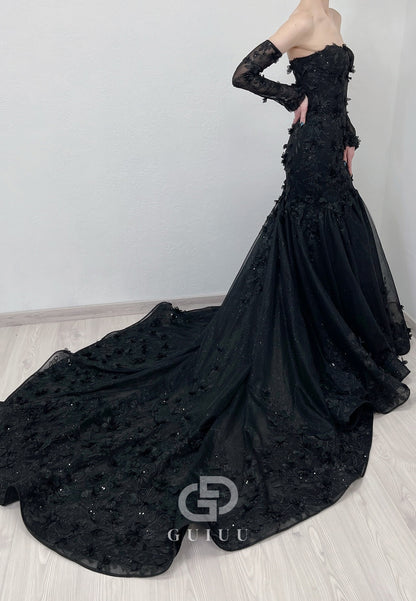 Black Long Sleeves Scoop Floral Appliques Wedding Dress