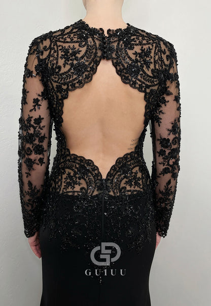 Black High Neck Long Sleeves Backless Mermaid Wedding Dress