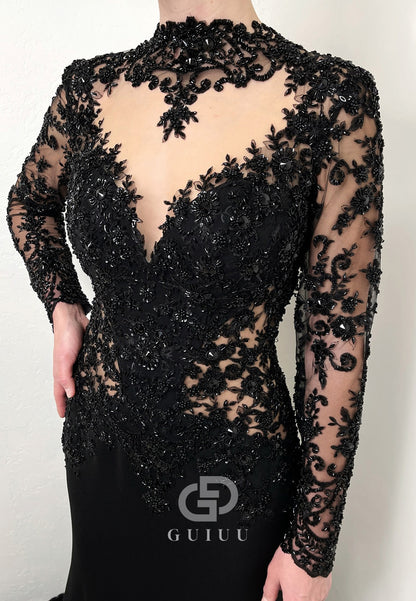 Black High Neck Long Sleeves Backless Mermaid Wedding Dress