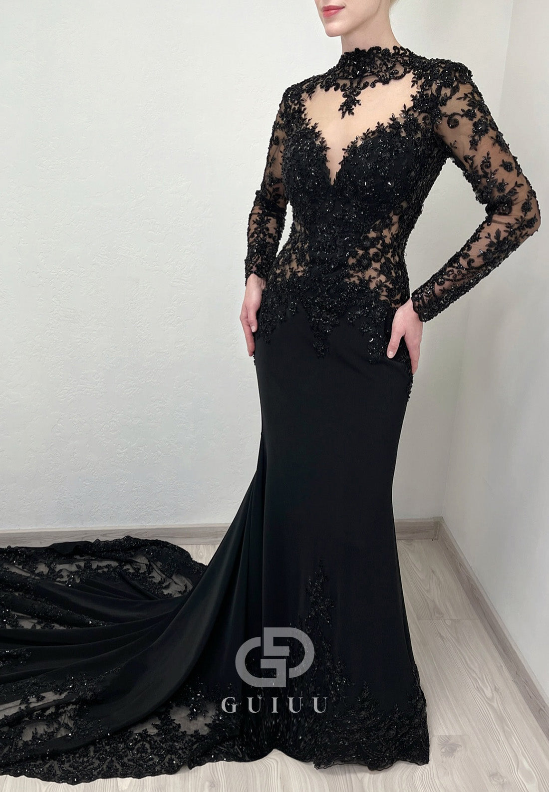 Black High Neck Long Sleeves Backless Mermaid Wedding Dress