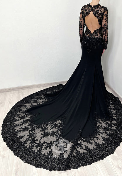 Black High Neck Long Sleeves Backless Mermaid Wedding Dress