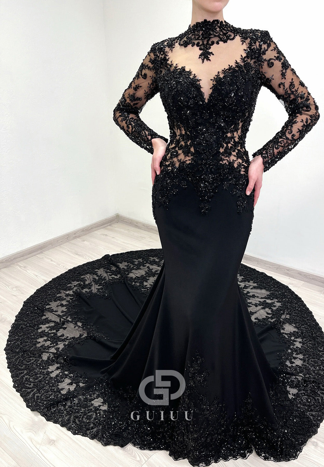 Black High Neck Long Sleeves Backless Mermaid Wedding Dress
