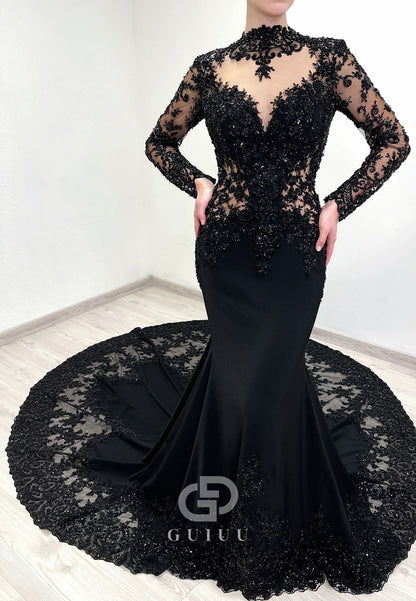 Black High Neck Long Sleeves Backless Mermaid Wedding Dress