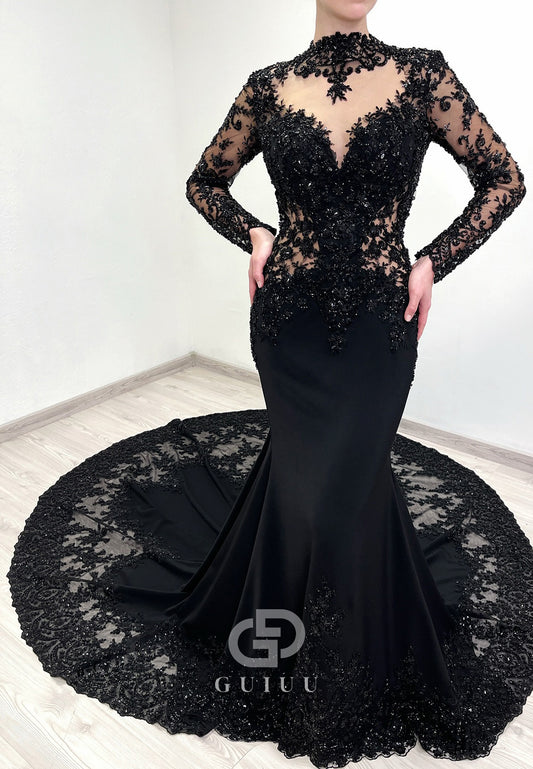 Black High Neck Long Sleeves Backless Mermaid Wedding Dress