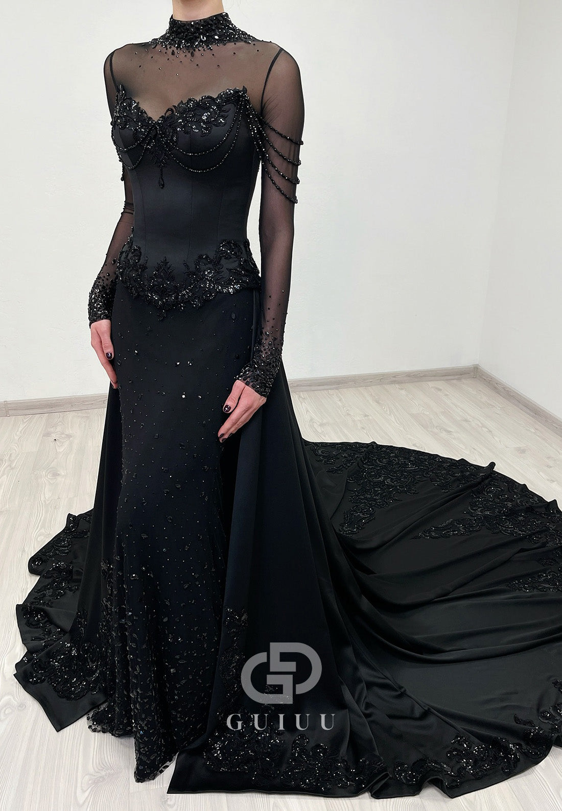 Black High Neck Long Sleeves Sweep Train Wedding Dress