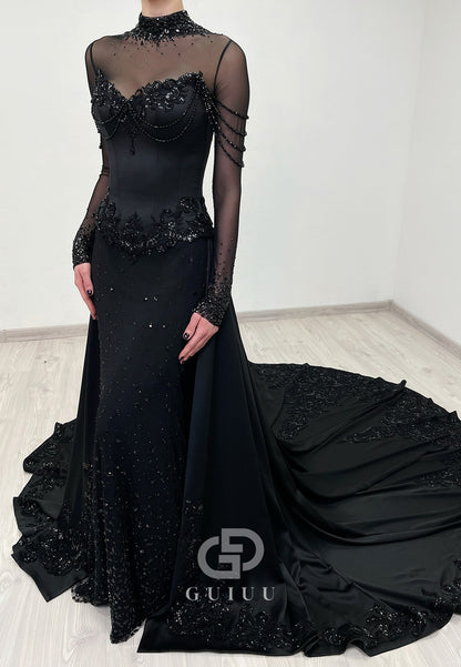 Black High Neck Long Sleeves Sweep Train Wedding Dress