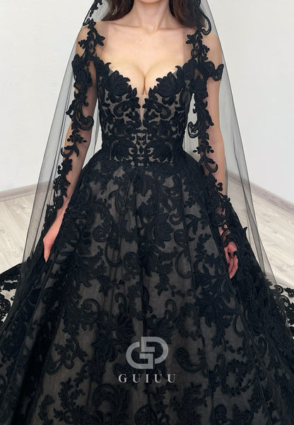 Black Sweetheart Sleeveless Appliques A-Line Wedding Dress