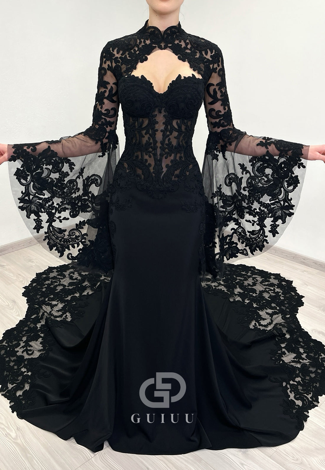 Black Long Sleeves High Neck Mermaid Lace Wedding Dress