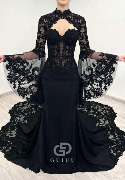 Black Long Sleeves High Neck Mermaid Lace Wedding Dress