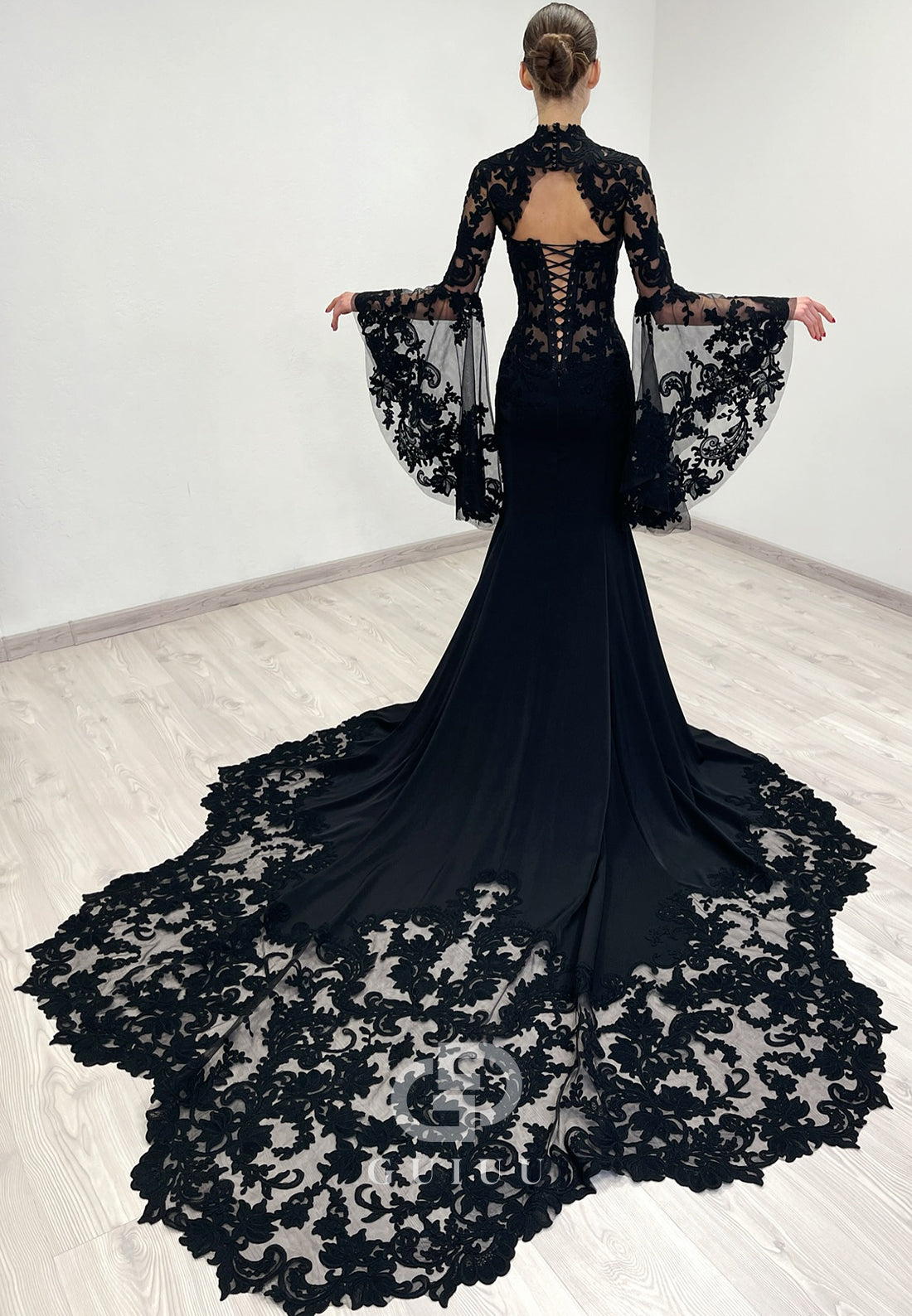 Black Long Sleeves High Neck Mermaid Lace Wedding Dress