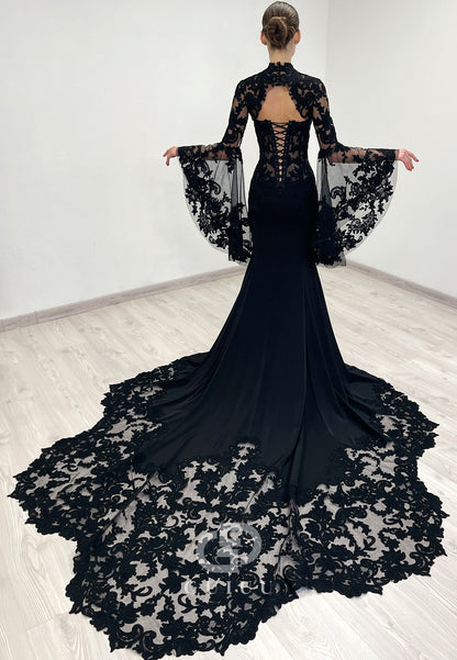 Black Long Sleeves High Neck Mermaid Lace Wedding Dress