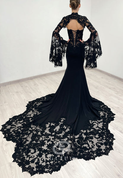 Black Long Sleeves High Neck Mermaid Lace Wedding Dress