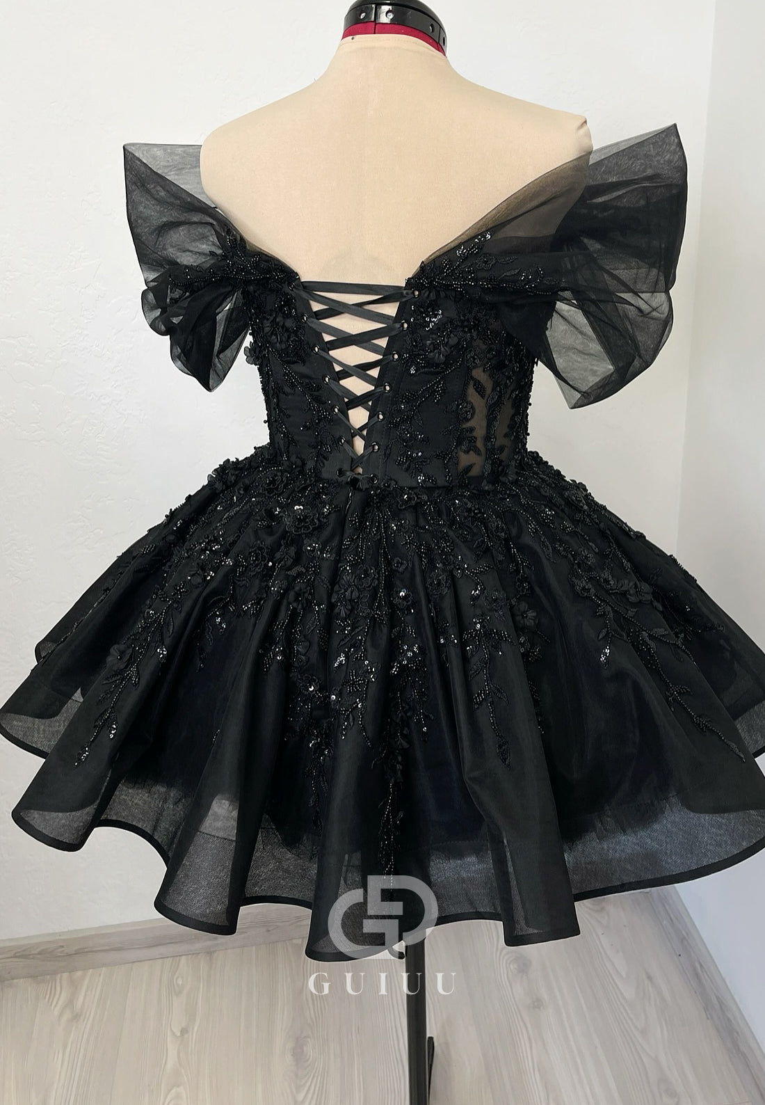 Black Short Sleeves V-Neck Corset Tulle Wedding Dress