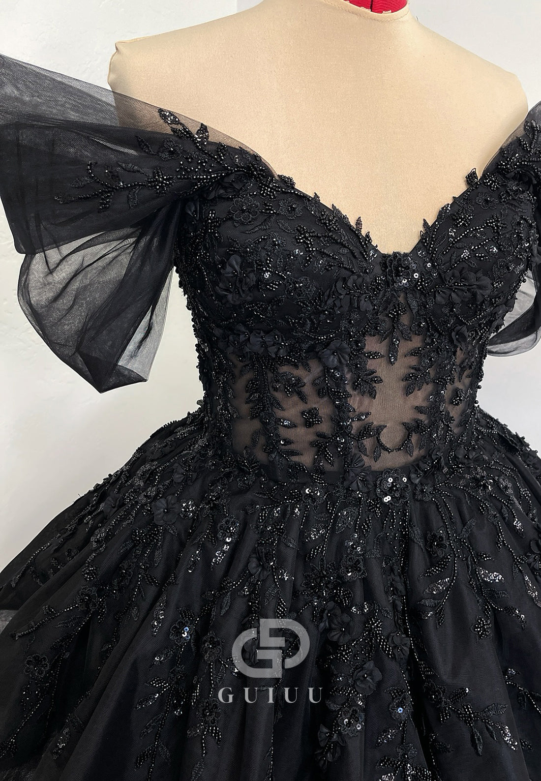 Black Short Sleeves V-Neck Corset Tulle Wedding Dress