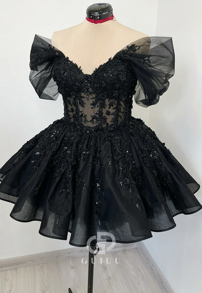 Black Short Sleeves V-Neck Corset Tulle Wedding Dress