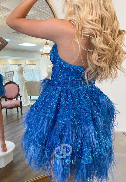 Blue Jay Strapless Sleeveless Feathers Sequins Homecoming Dress