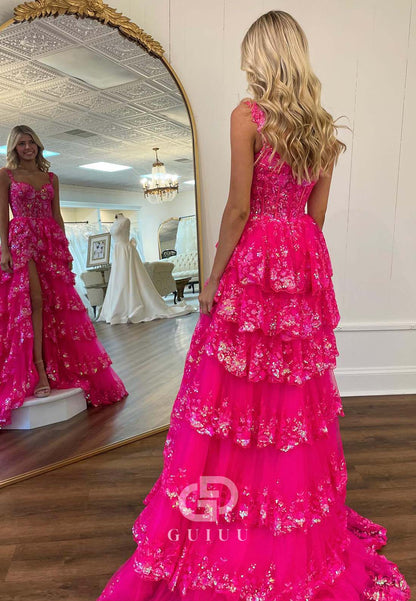 Fuchisa A-Line Spaghetti Straps Sweetheart Corset Ruffles Prom Party Dress