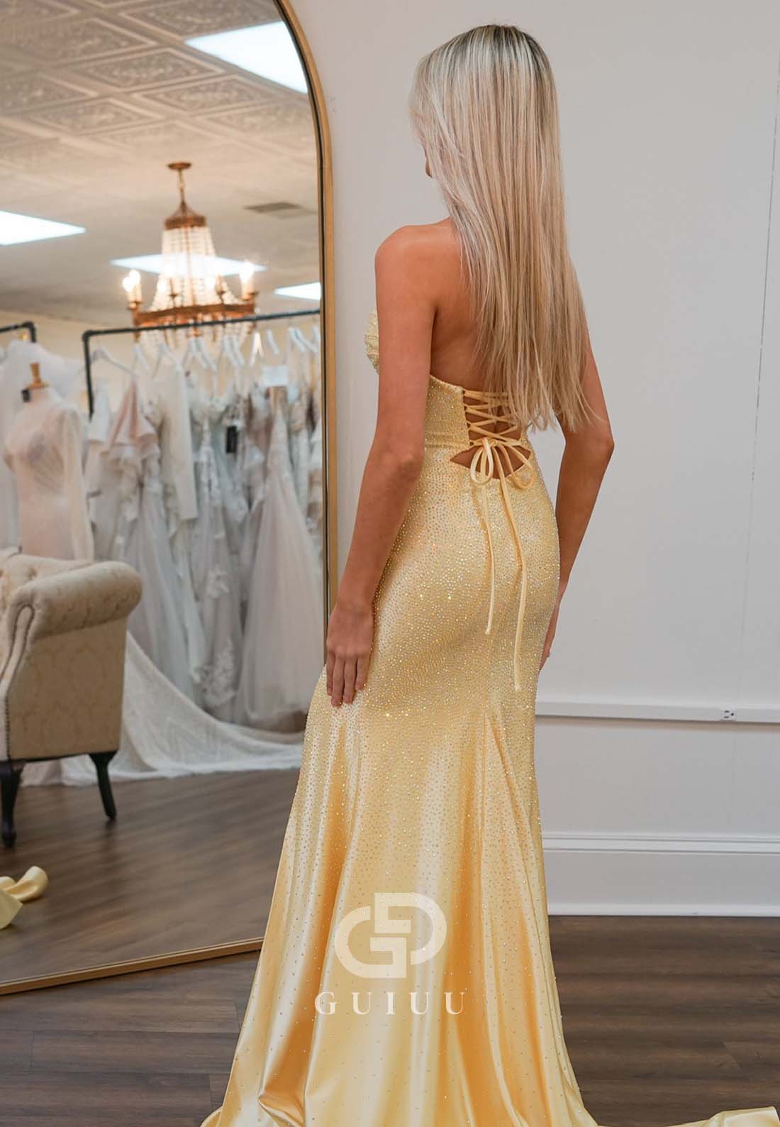 Daffodil Sheath Sleeveless Strapless Prom Dress with Sequins Slit Evening Dress