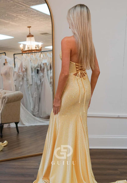 Daffodil Sheath Sleeveless Strapless Prom Dress with Sequins Slit Evening Dress