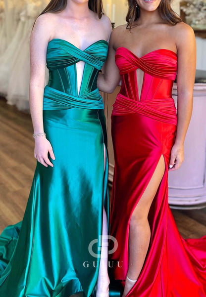 Mermaid Sleeveless Strapless Prom Dress with Slit Evening Dress