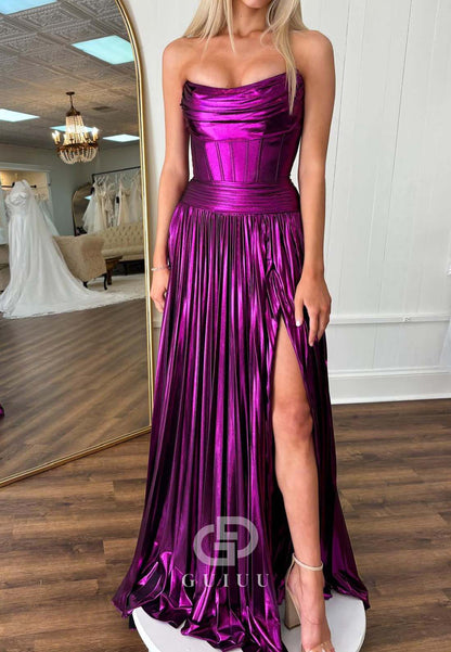 Orchid A-Line Sleeveless Prom Dress with Slit Empire-Waist Evening Party Dress