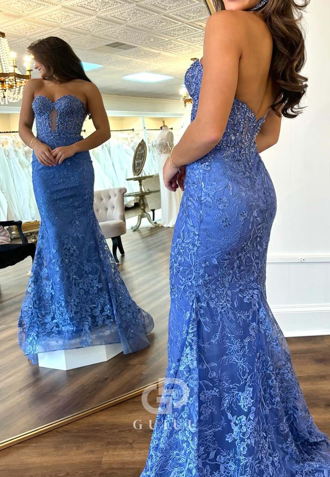 Lavender Sheath Sleeveless Strapless Prom Dress with Train Appliques Evening Dress