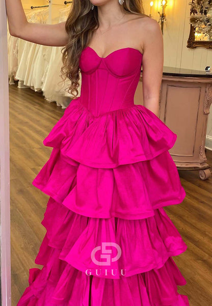 Fuchsia A-Line Sleeveless Strapless Prom Dress with Ruffles Party Dress