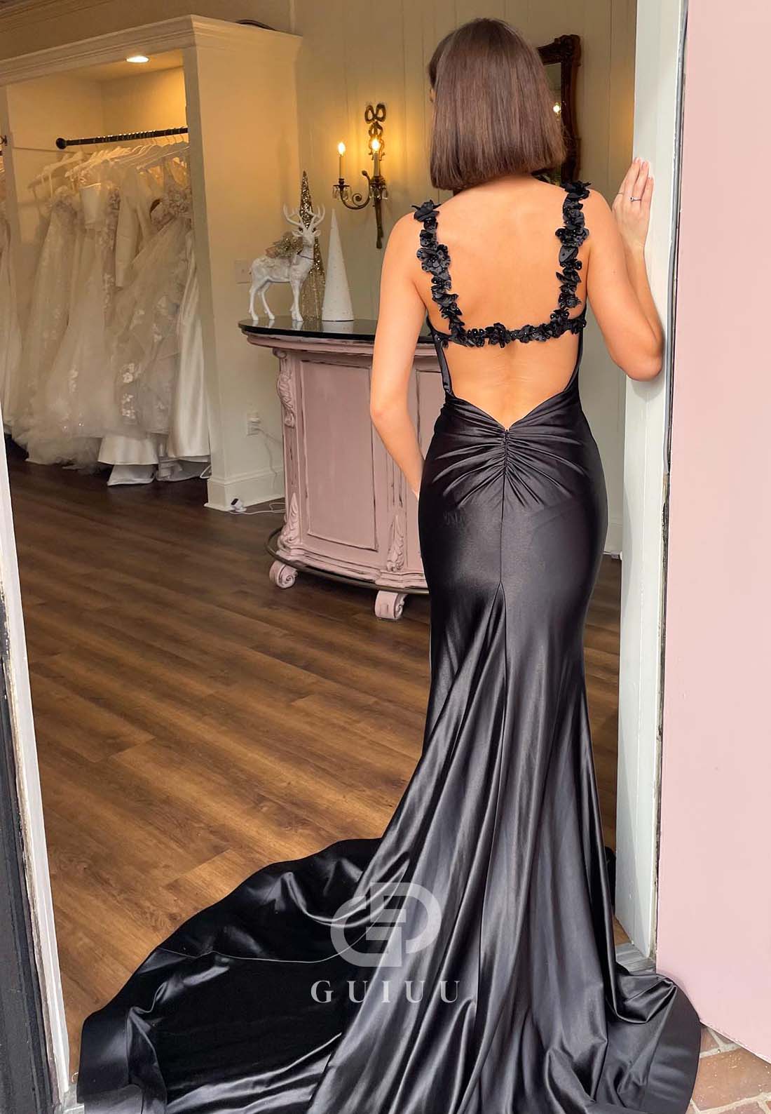 Black Spaghetti Straps Sweetheart Prom Dress with Slit Backless Evening Dress