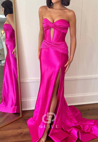 Mermaid Sleeveless Strapless Prom Dress with Slit Evening Dress