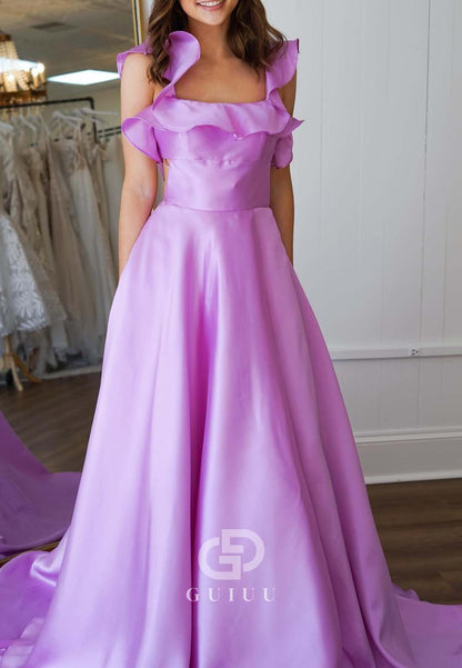 Lilac Spaghetti Straps Scoop Prom Dress with Train Empire-Waist Evening Dress
