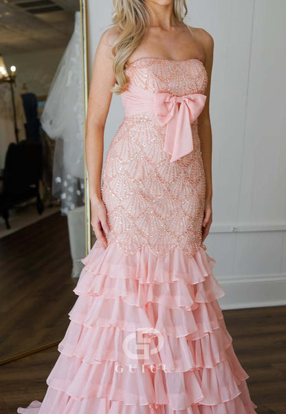 Blushing Pink Sleeveless Strapless Prom Dress with Ruffles Bowknot Evening Dress