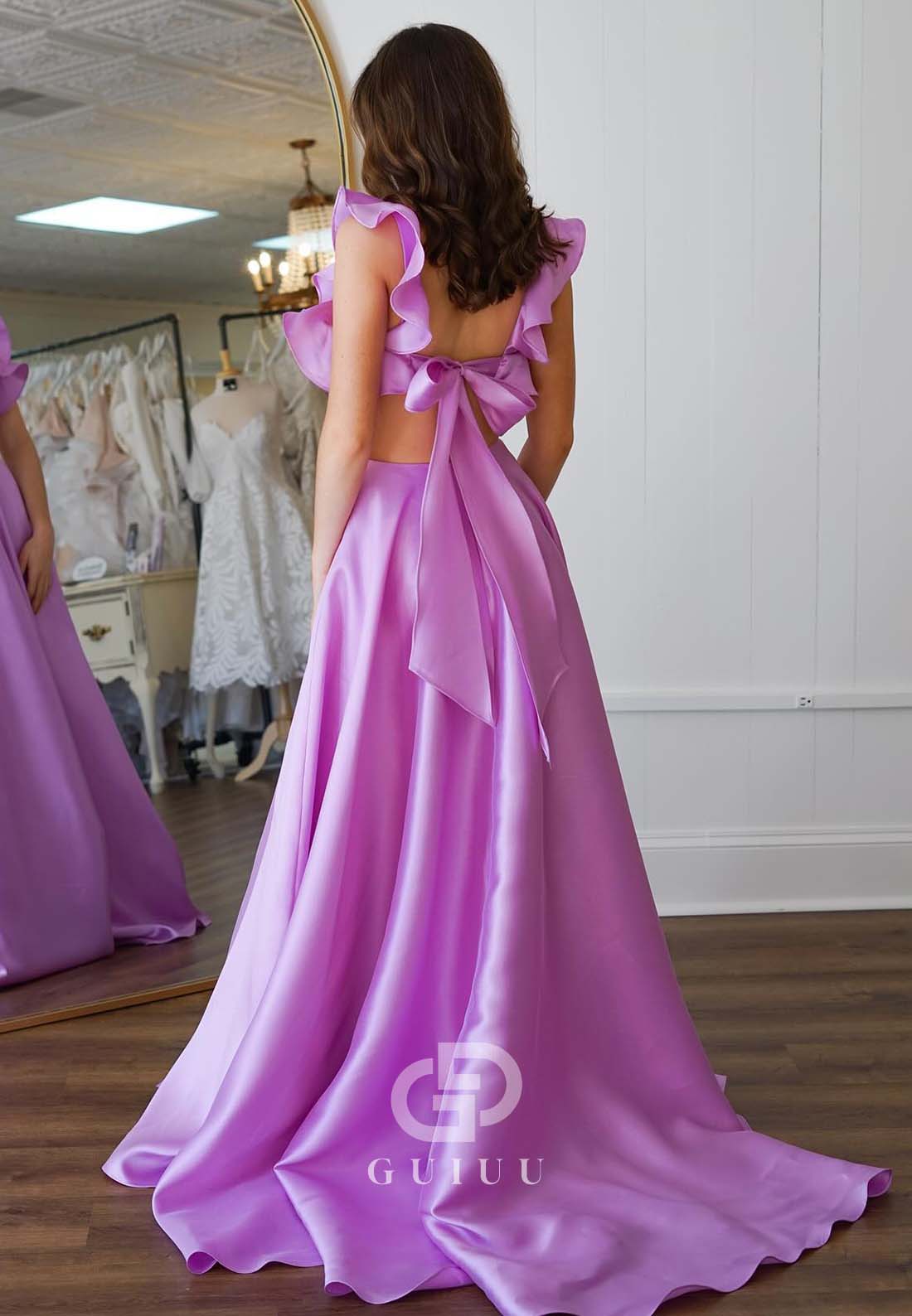 Lilac Spaghetti Straps Scoop Prom Dress with Train Empire-Waist Evening Dress