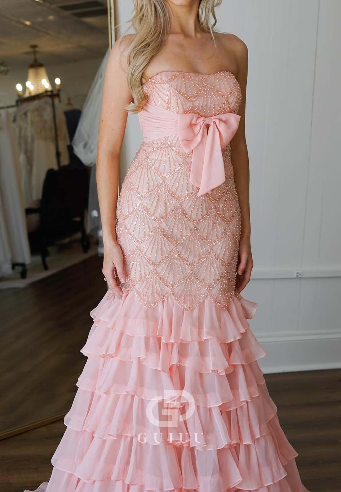 Blushing Pink Sleeveless Strapless Prom Dress with Ruffles Bowknot Evening Dress