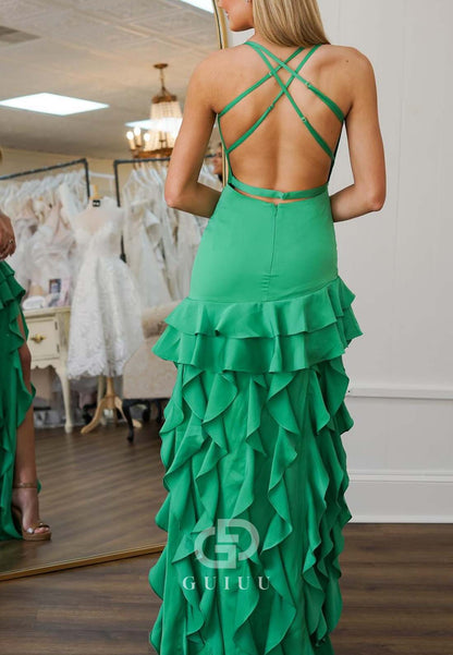 Green Spaghetti Straps V-Neck Prom Dress with Ruffles Backless Party Dress
