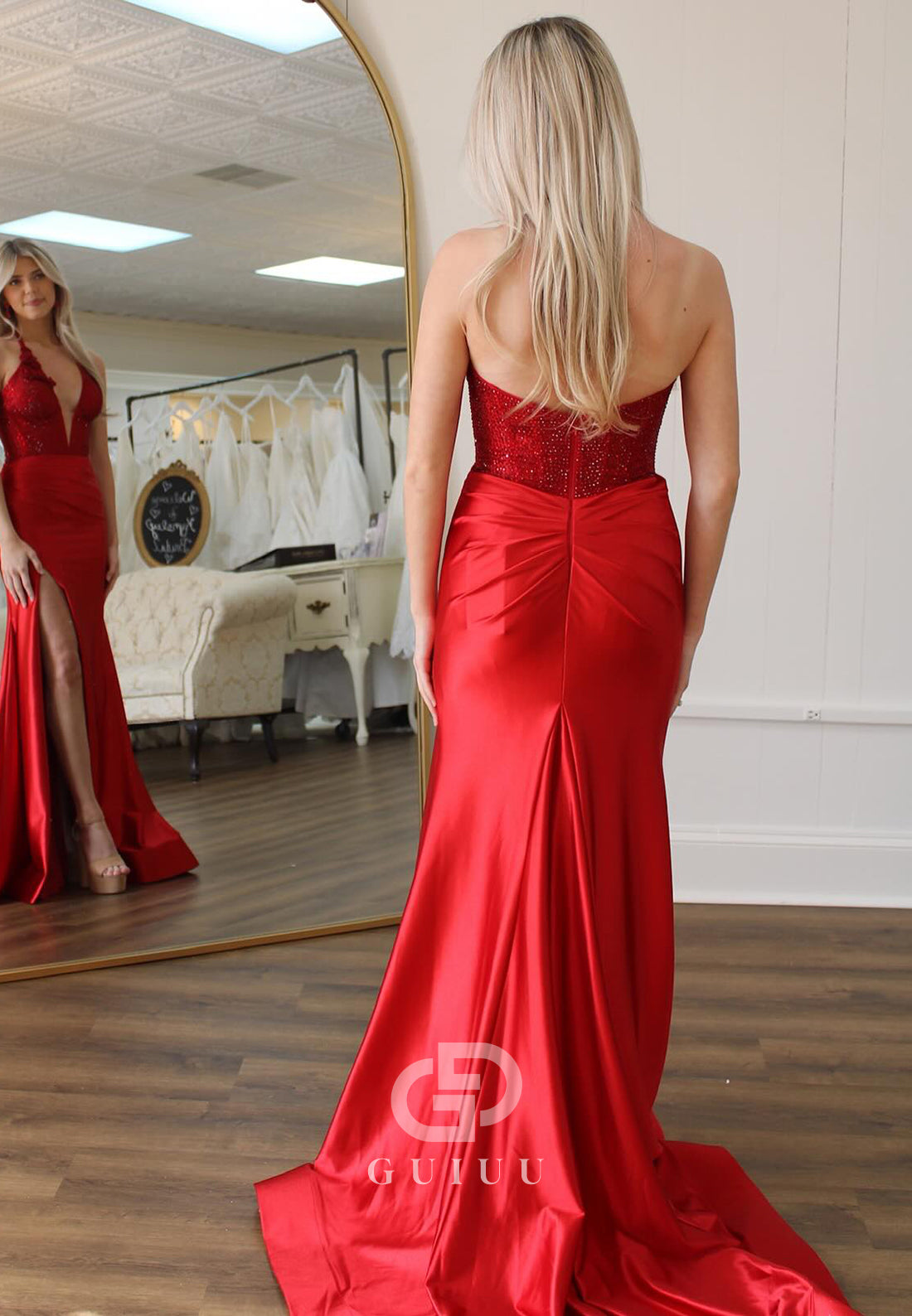 Red Spaghetti Straps V-Neck Slit Ruched Prom Dress