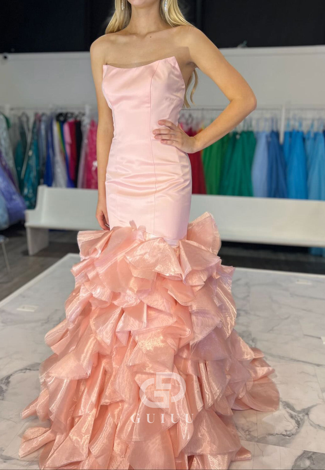Blushing Pink Sleeveless Strapless Ruffles Mermaid Prom Dress