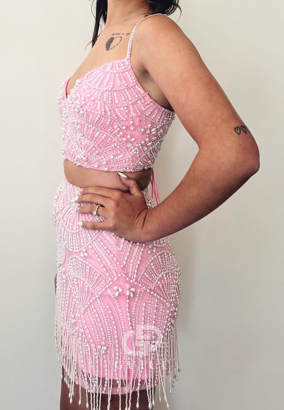 Blushing Pink Spaghetti Straps V-Neck Pearls Homecoming Dress