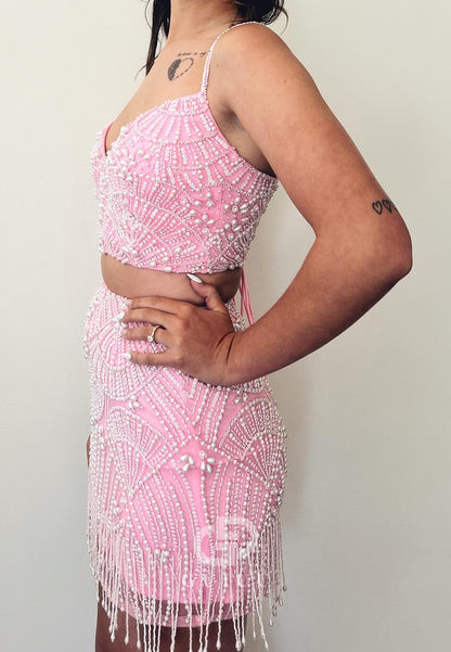 Blushing Pink Spaghetti Straps V-Neck Pearls Homecoming Dress