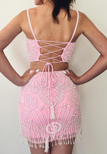 Blushing Pink Spaghetti Straps V-Neck Pearls Homecoming Dress