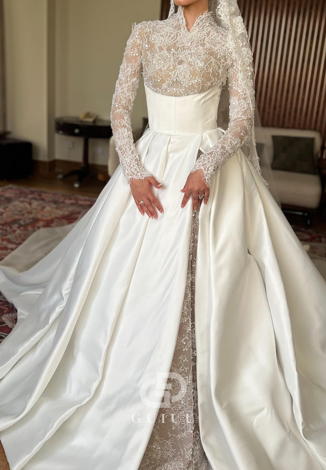 Charming Long Sleeves High Neck Slit Sequins Wedding Dress