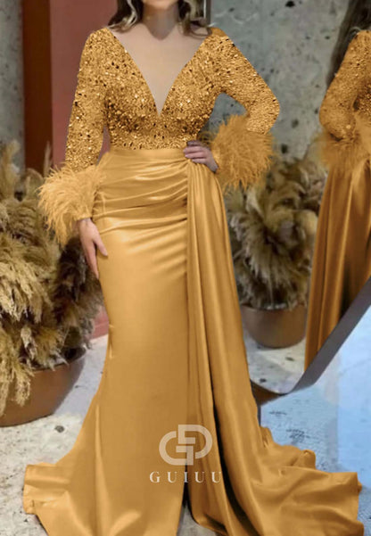 Mermaid Long Sleeves Deep V-Neck Ruched Feathers Evening Dress