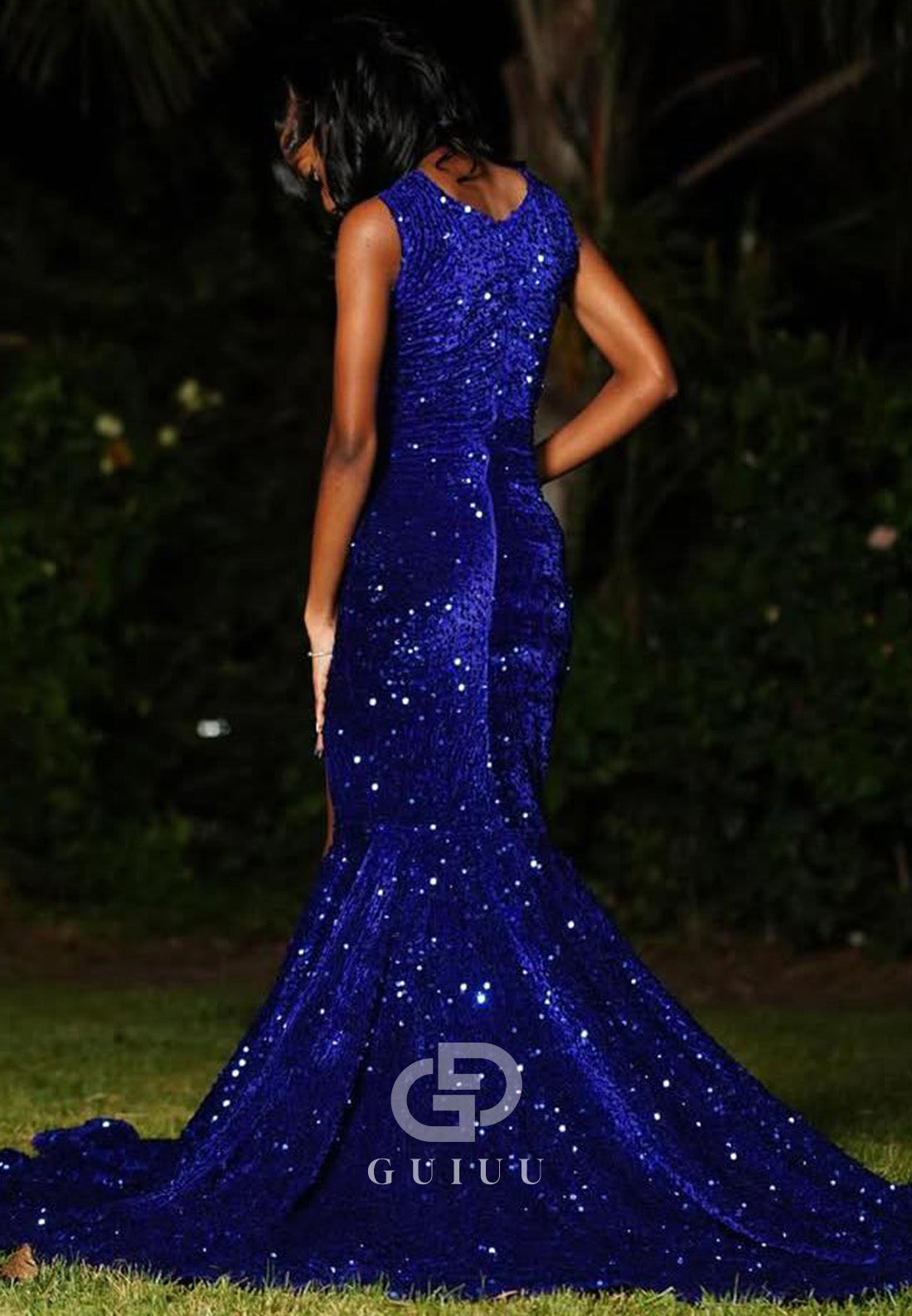 Royal Blue Sleeveless Strapless Slit Sequins Prom Dress
