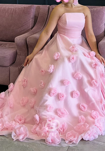 Blushing Pink Sleeveless Strapless Floral Appliques Prom Dress