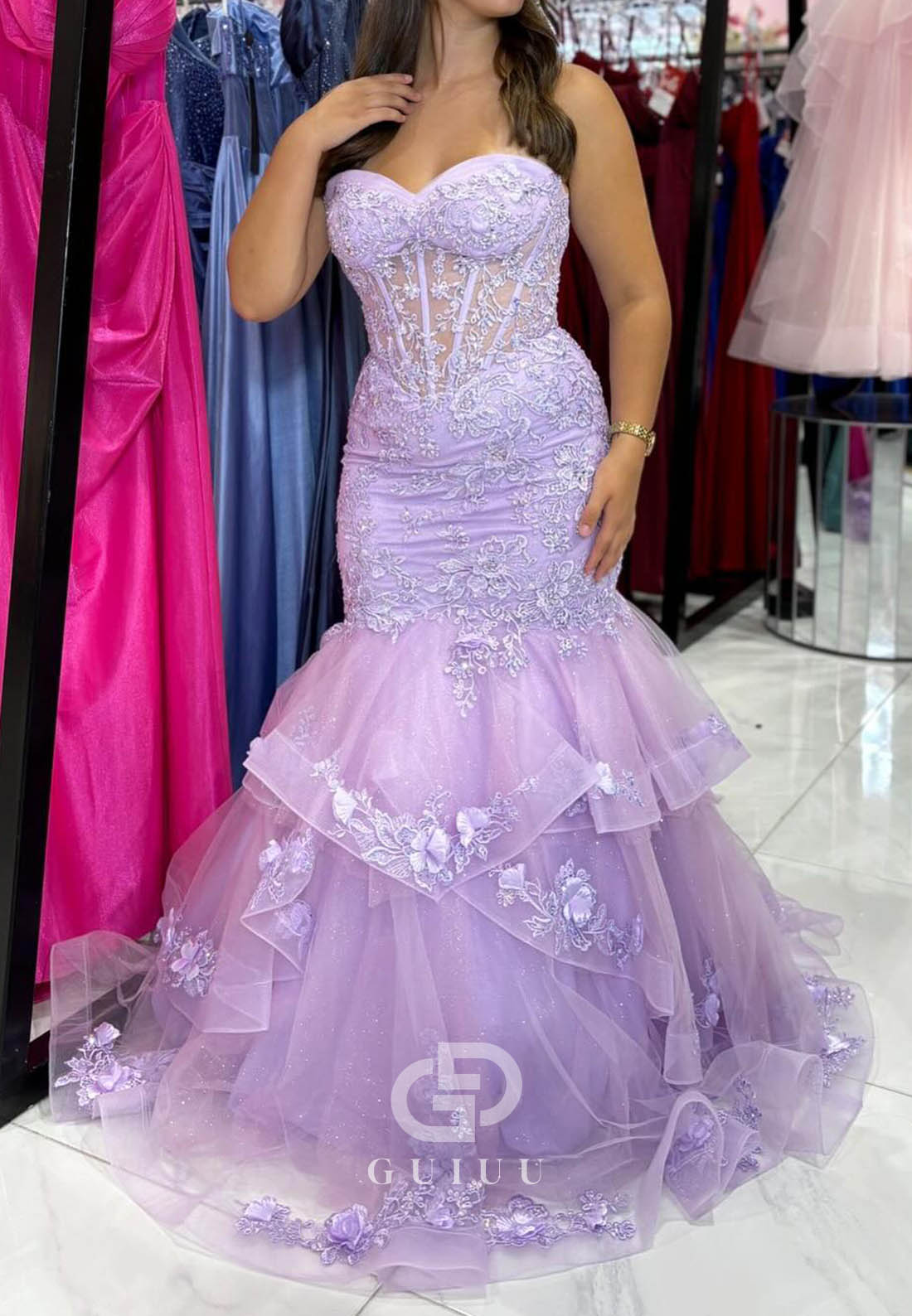 Lilac Scoop Sleeveless Ruffles Mermaid Prom Dress