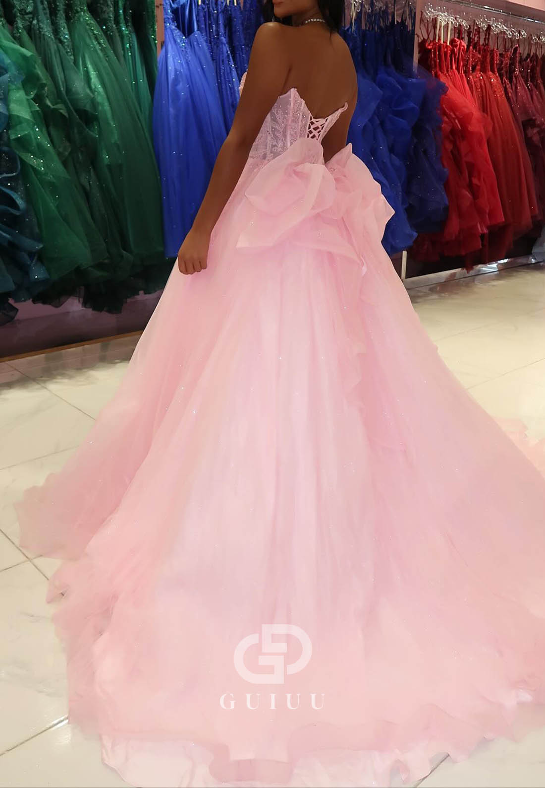 Blushing Pink Sleeveless Sweetheart Corset Tulle Prom Dress