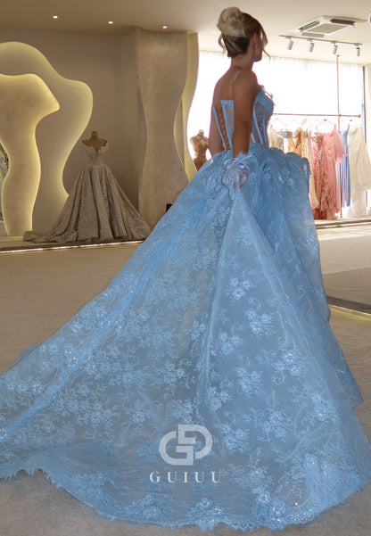 Sky Blue Spaghetti Straps V-Neck Corset Tulle Prom Dress