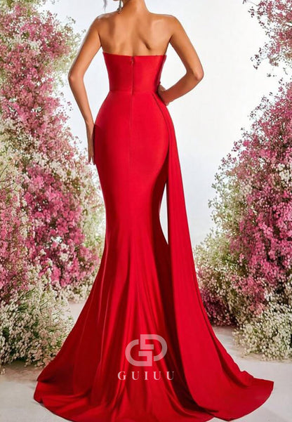 Red Strapless Sleeveless Ruched Mermaid Evening Dress