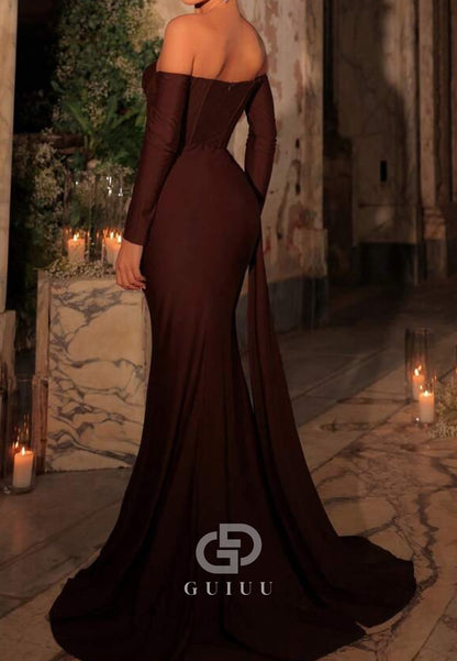 Terracotta Off-Shoulder Long Sleeves Corset Tulle Evening Dress