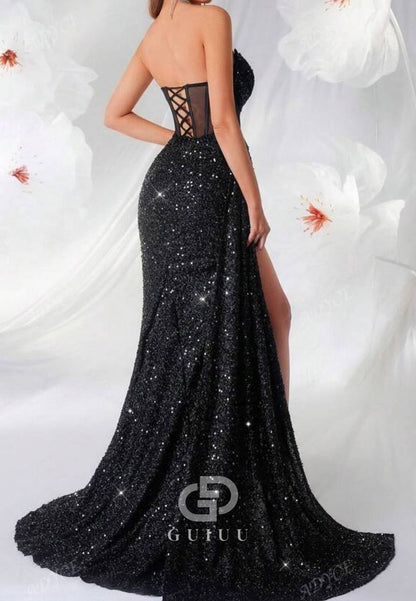 Sheath Strapless Sleeveless Sequins Corset Evening Dress