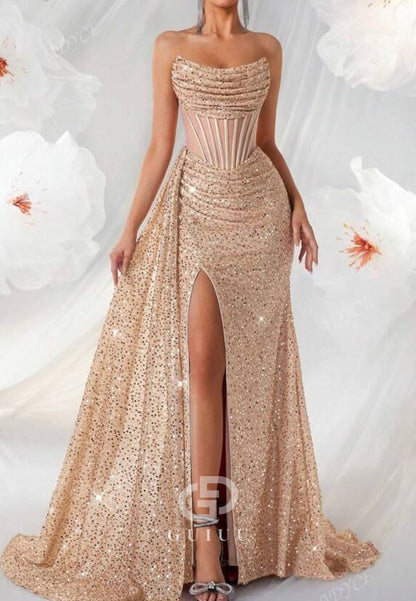 Sheath Strapless Sleeveless Sequins Corset Evening Dress